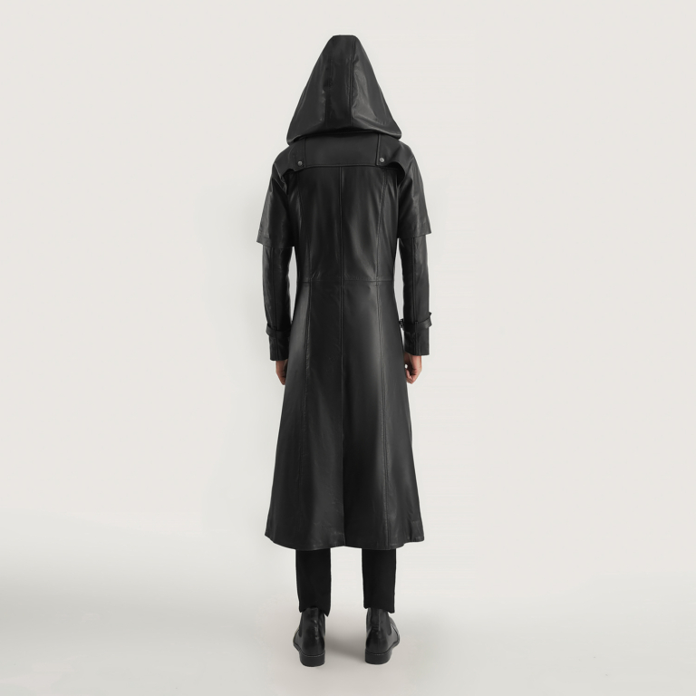Mens Huntsman Black Hooded Leather Trench Coat Tilted Back-8-1700481479170